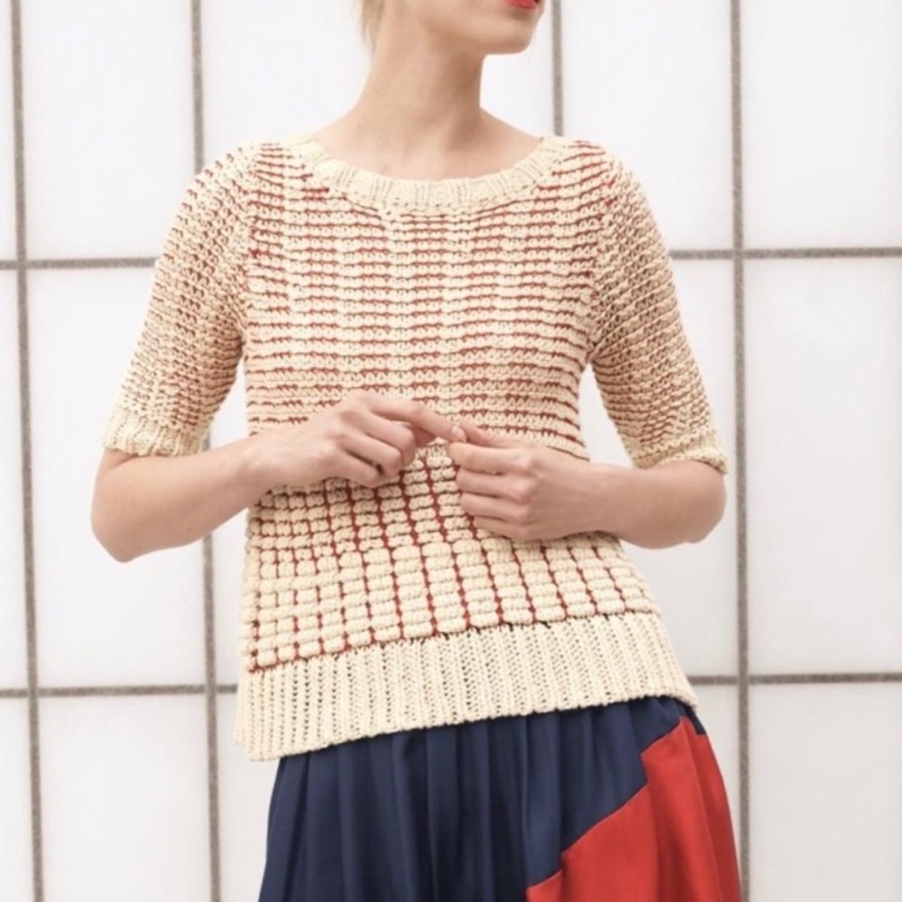 Anthropologie Fiets Voor 2 Hidden Glow Chunky Knit RedCream Sweater Retro Size M